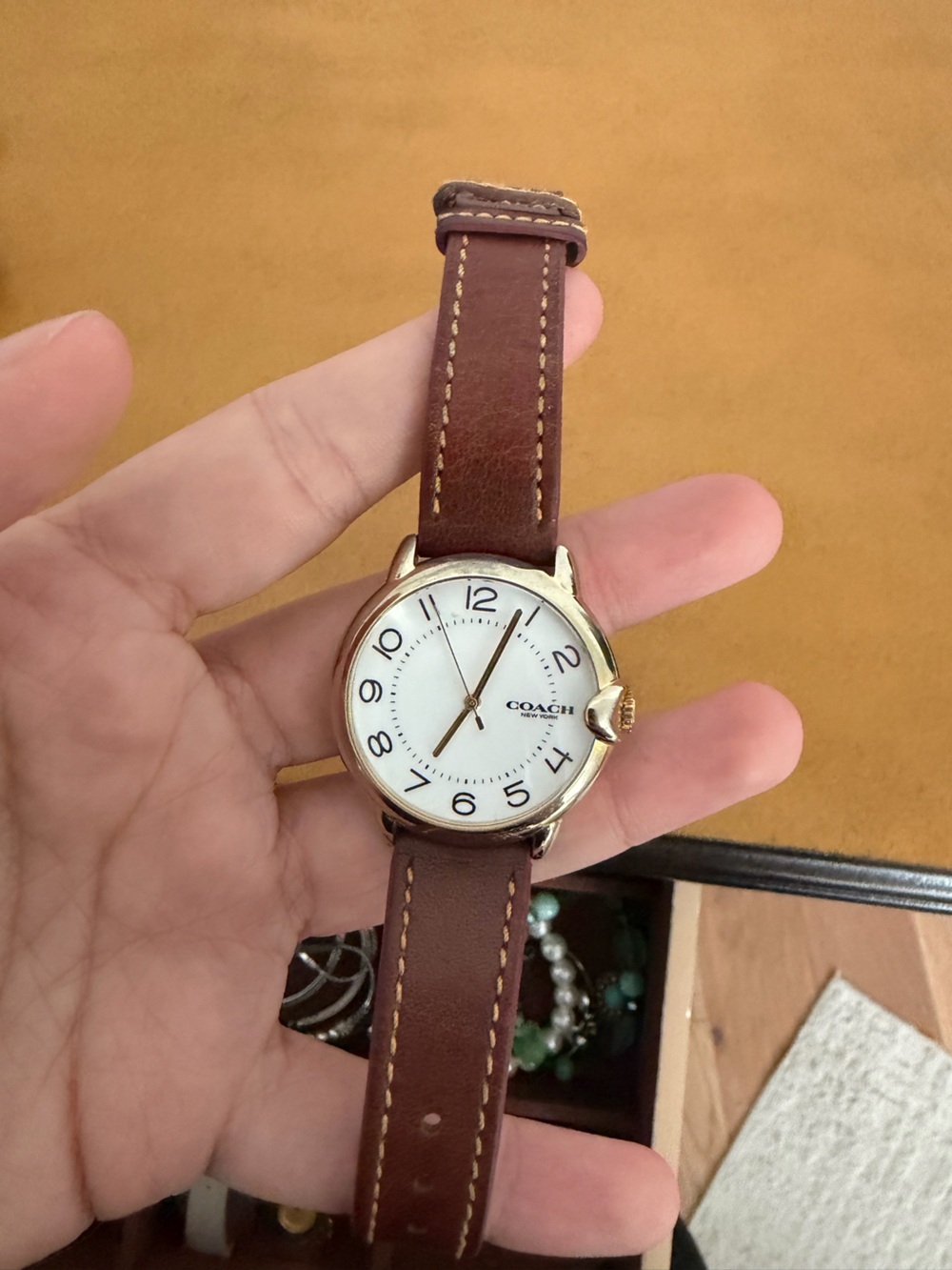 Coach Gold-Tone Case Watch with White Dial and Brown Leather Strap